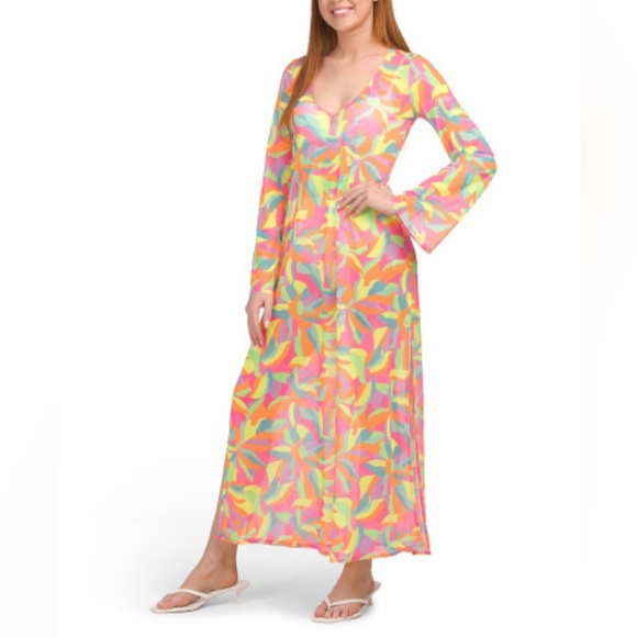 Show Me Your Mumu Santos Tropical Neon Leaf Print Maxi Cover-Up Dress Size Small - Picture 2 of 7